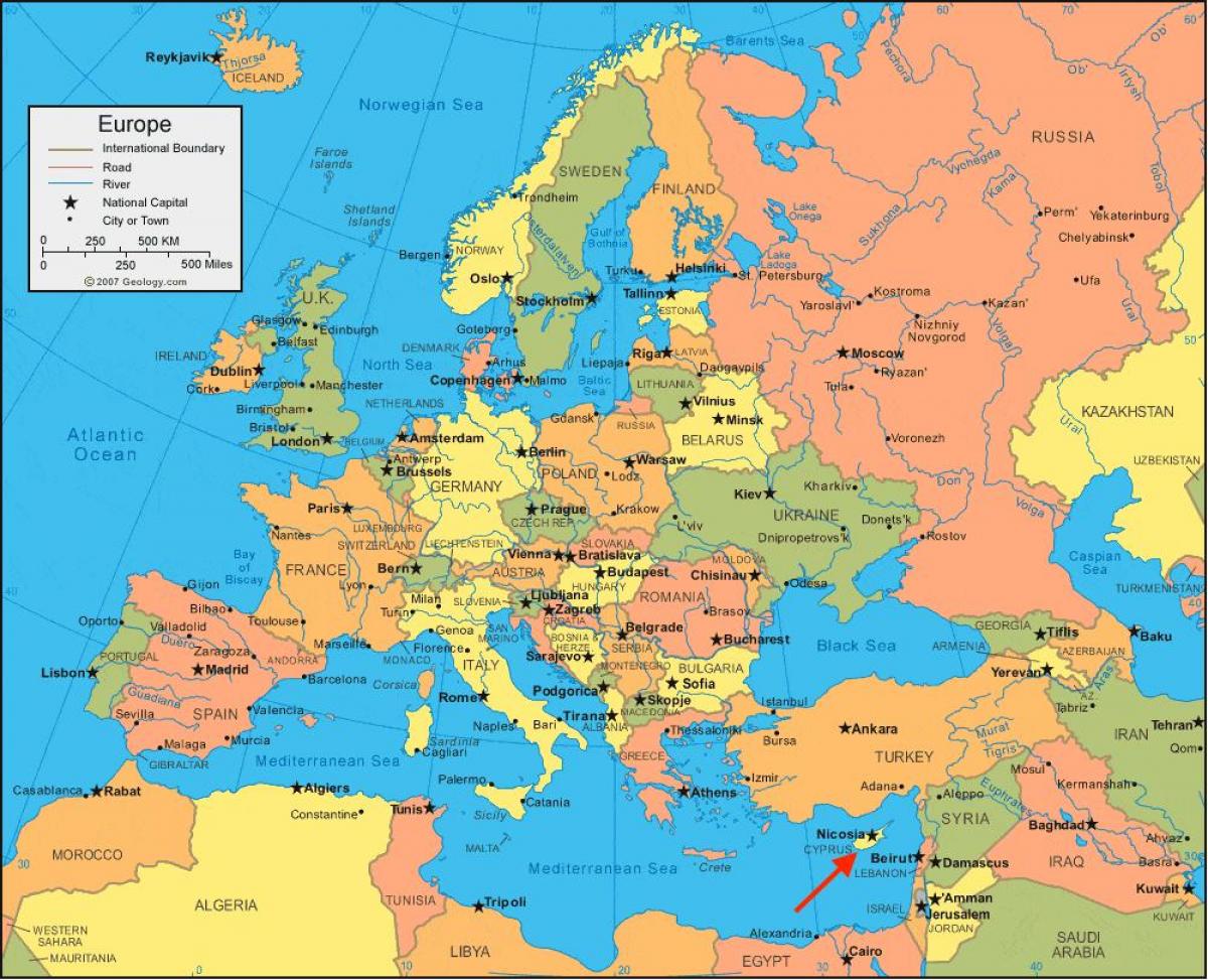 Localização de Chipre no mapa da Europa do Sul